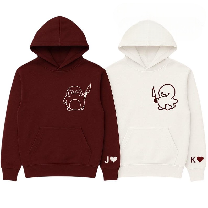 Couples Penguin and Duck Hoodies, embroidered Custom Initials on Sleeve Matching Halloween Embroidered Hoodies,Cute & Funny Couples Gift