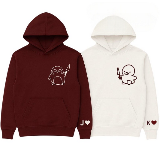 Couples Penguin and Duck Hoodies, embroidered Custom Initials on Sleeve Matching Halloween Embroidered Hoodies,Cute & Funny Couples Gift