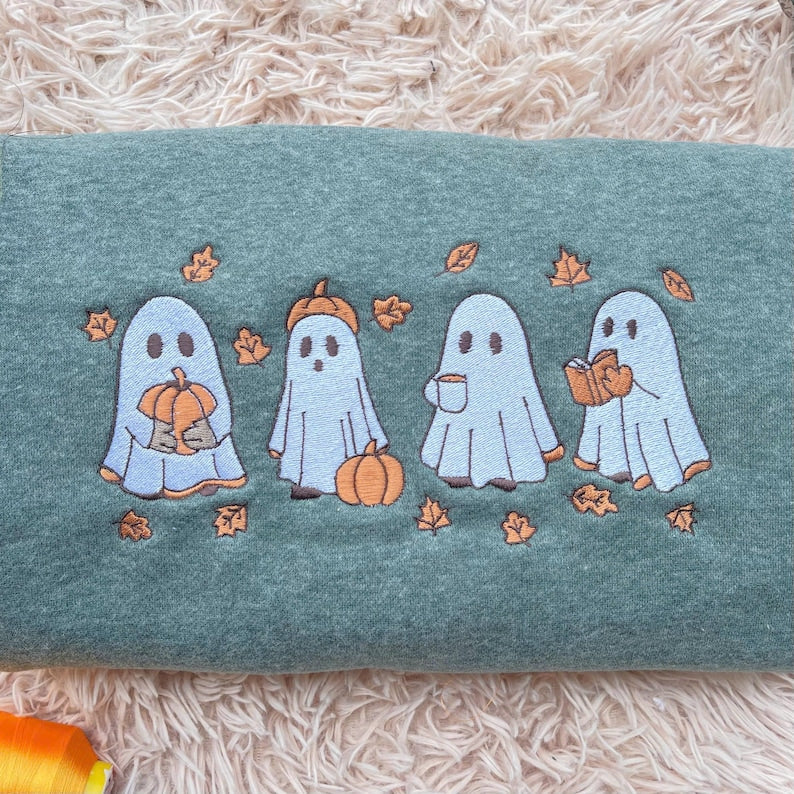 Embroidered Ghost Fall Sweatshirt, Embroidered Ghost Pumpkin Hoodie, Spooky Season Shirt, Halloween Lover Gifts, Ghost and Pumpkin Crewneck