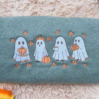 Embroidered Ghost Fall Sweatshirt, Embroidered Ghost Pumpkin Hoodie, Spooky Season Shirt, Halloween Lover Gifts, Ghost and Pumpkin Crewneck