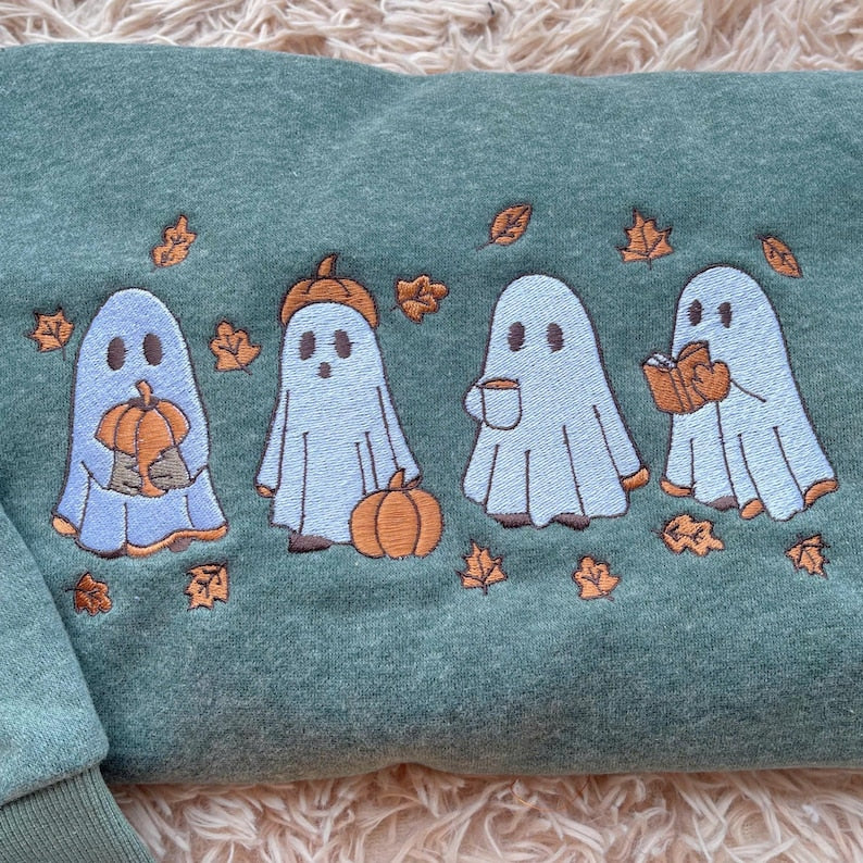 Embroidered Ghost Fall Sweatshirt, Embroidered Ghost Pumpkin Hoodie, Spooky Season Shirt, Halloween Lover Gifts, Ghost and Pumpkin Crewneck