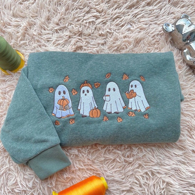 Embroidered Ghost Fall Sweatshirt, Embroidered Ghost Pumpkin Hoodie, Spooky Season Shirt, Halloween Lover Gifts, Ghost and Pumpkin Crewneck