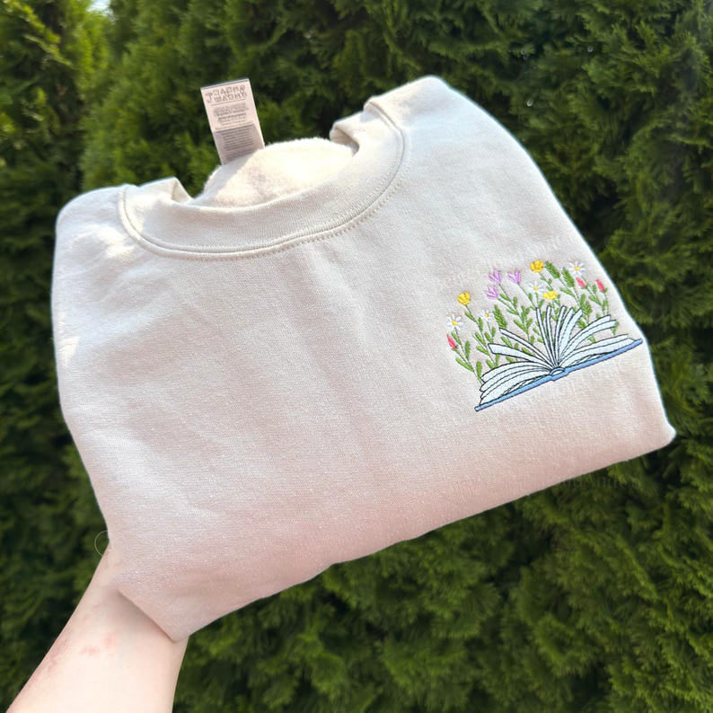 Embroidered Wildflowers Book Sweatshirt: Bookworm Crewneck | Cozy Bibliophile Sweatshirt | Bookish Cottagecore
