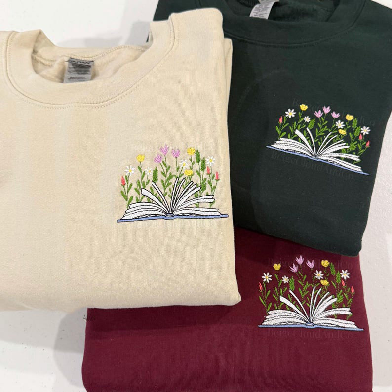 Embroidered Wildflowers Book Sweatshirt: Bookworm Crewneck | Cozy Bibliophile Sweatshirt | Bookish Cottagecore