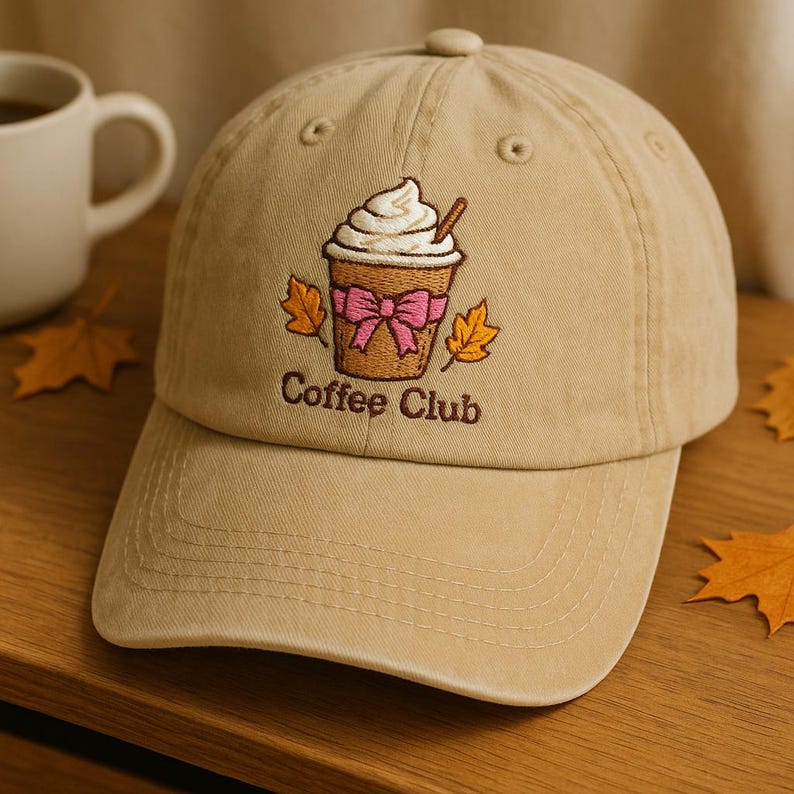 Coffee Club Baseball Cap Cute Embroidered Hat with Whipped Cream Cup and Pink Bow, Adjustable Vintage Dad Hat for Coffee Lovers, Autumn Aesthetic Gift