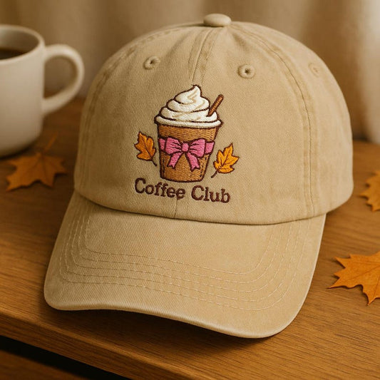Coffee Club Baseball Cap Cute Embroidered Hat with Whipped Cream Cup and Pink Bow, Adjustable Vintage Dad Hat for Coffee Lovers, Autumn Aesthetic Gift