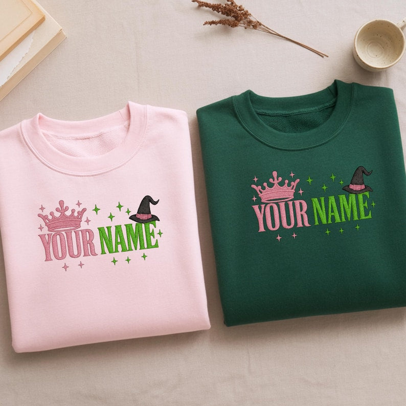 Personalized Wicked Sweatshirt, Custom Name Embroidered Crewneck with Crown & Witch Hat, Wicked Musical Fan Apparel, Friend Matching Gift