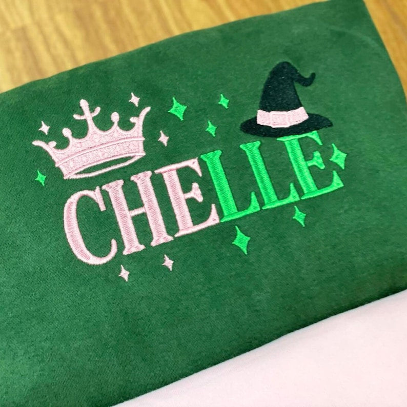 Personalized Wicked Sweatshirt, Custom Name Embroidered Crewneck with Crown & Witch Hat, Wicked Musical Fan Apparel, Friend Matching Gift