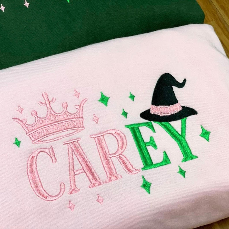 Personalized Wicked Sweatshirt, Custom Name Embroidered Crewneck with Crown & Witch Hat, Wicked Musical Fan Apparel, Friend Matching Gift