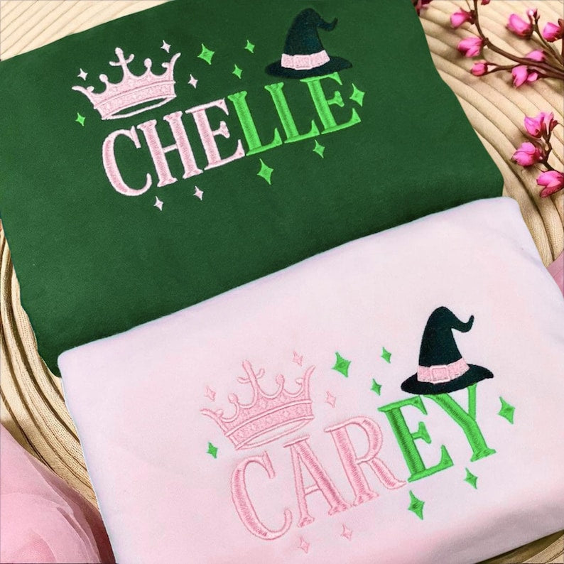 Personalized Wicked Sweatshirt, Custom Name Embroidered Crewneck with Crown & Witch Hat, Wicked Musical Fan Apparel, Friend Matching Gift