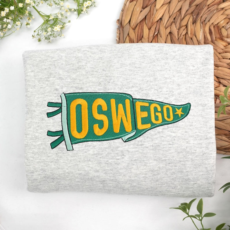 Custom Embroidered College Pennant Sweatshirt with Team Name - Embroidered Pennant Sweater - College Patchwork Crewneck - Senior Class Gift