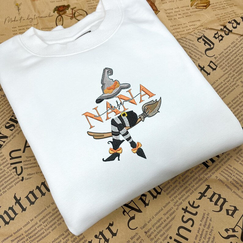 Grandma Halloween Embroidered Sweatshirt, Custom Grandma, Nana, Mimi Halloween Sweater with Grandkid' name on sleeves, Gift for Grandma