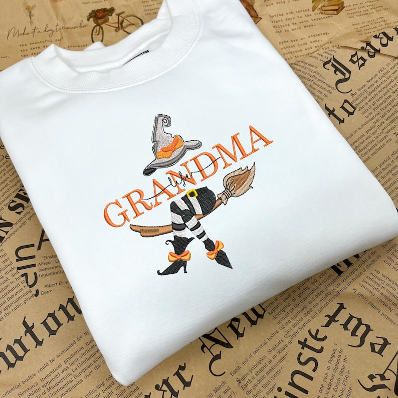 Grandma Halloween Embroidered Sweatshirt, Custom Grandma, Nana, Mimi Halloween Sweater with Grandkid' name on sleeves, Gift for Grandma