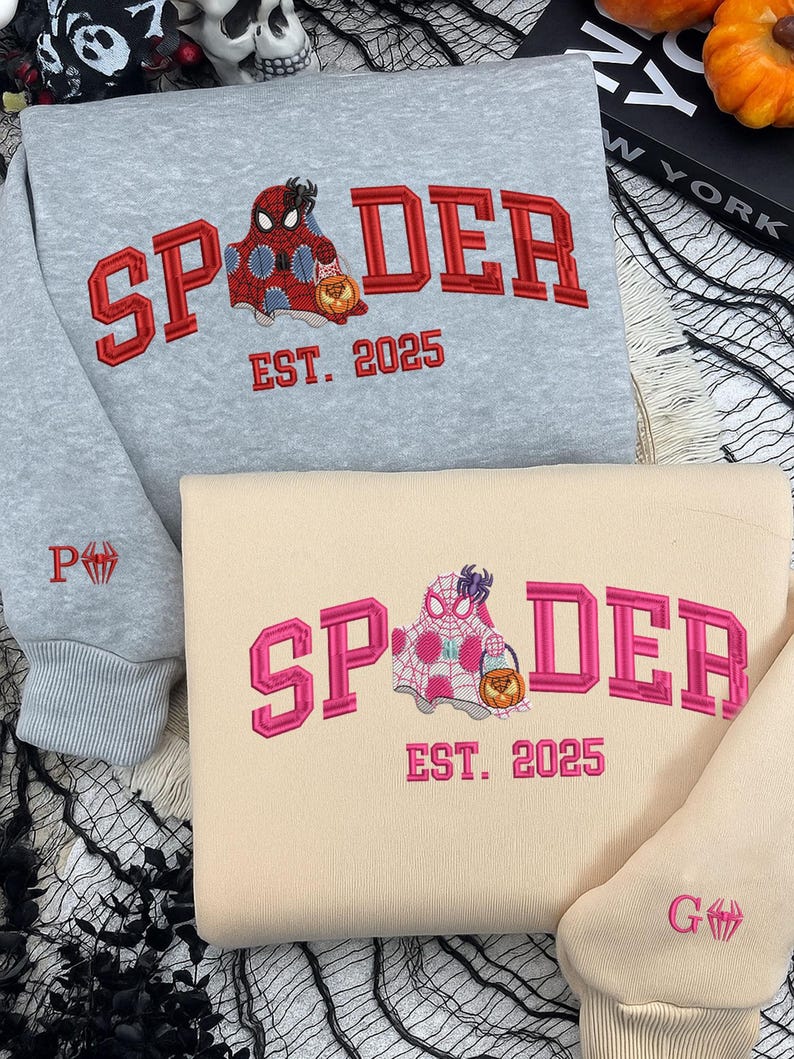 Personalized Couple Embroidered Halloween Sweatshirt, Cute Spider Couple Embroidered Sweatshirt, Spooky Season Shirt, Custom Matching Shirt