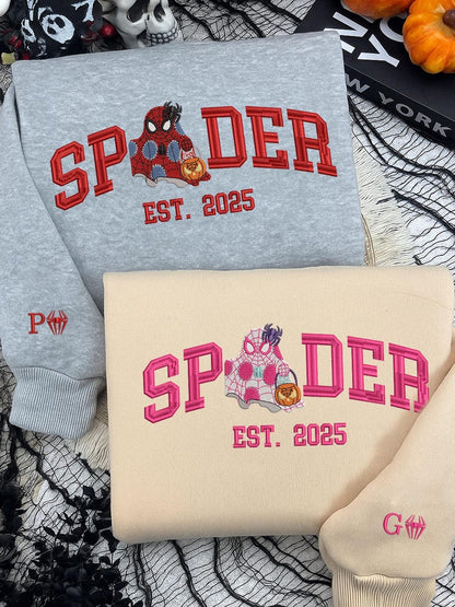 Personalized Couple Embroidered Halloween Sweatshirt, Cute Spider Couple Embroidered Sweatshirt, Spooky Season Shirt, Custom Matching Shirt