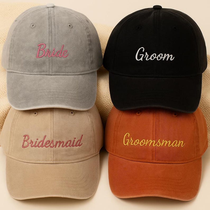Bride Groom Bridesmaid Groomsman Washed Embroidered Hats, Wedding Party Caps, Bachelorette Bachelor Gift Set