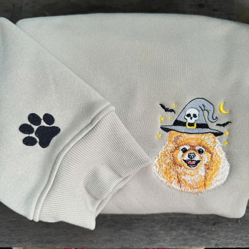 Custom Pet Halloween Sweatshirt Personalized Dog Cat Portrait Embroidered on Washed Color Crewneck Cute Fall Gift for Pet Lovers