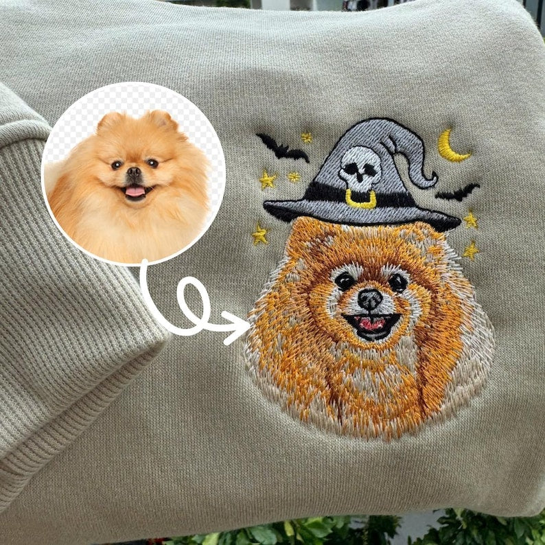 Custom Pet Halloween Sweatshirt Personalized Dog Cat Portrait Embroidered on Washed Color Crewneck Cute Fall Gift for Pet Lovers