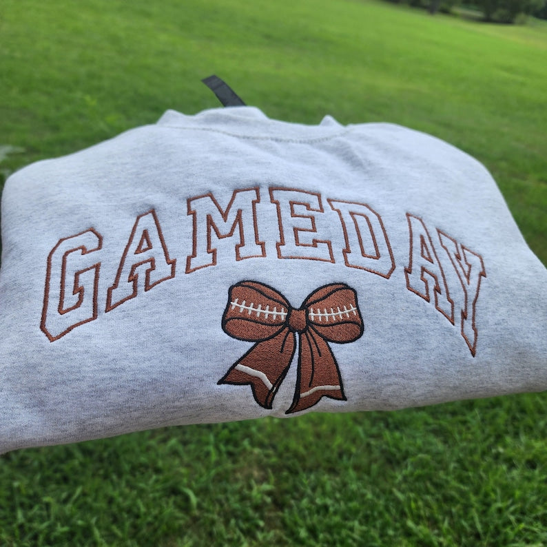 Football Bow Game Day Embroidered Crewneck, Football Mom Game Day Sweatshirt, Embroidered Sweatshirt, Football Bow hoodie Embroidery