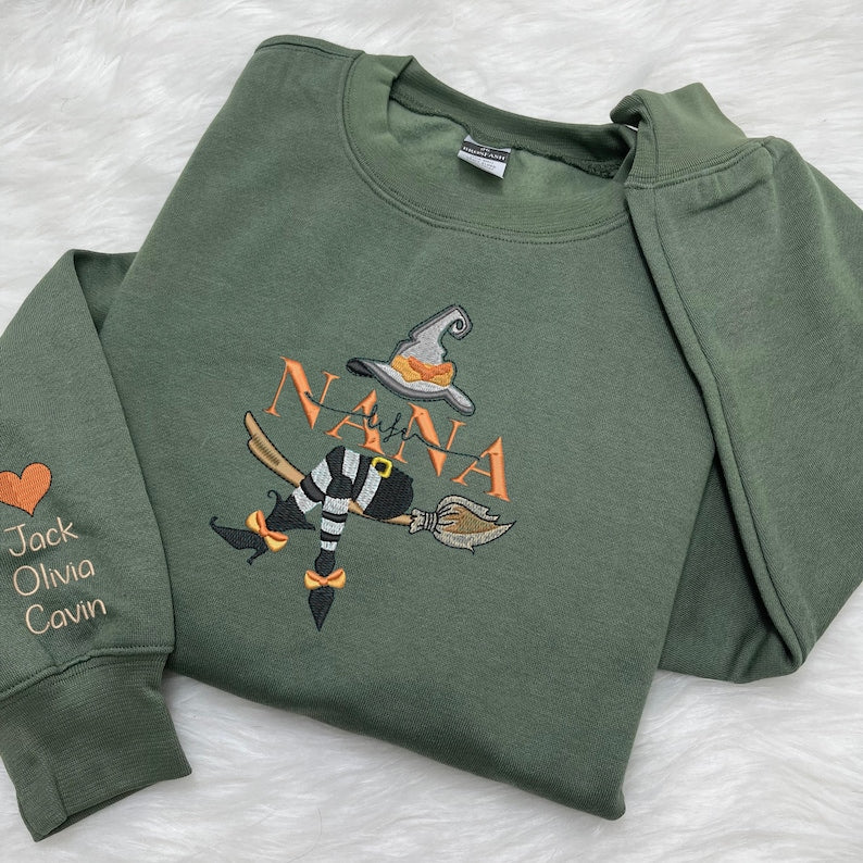 Grandma Halloween Embroidered Sweatshirt, Custom Grandma, Nana, Mimi Halloween Sweater with Grandkid' name on sleeves, Gift for Grandma