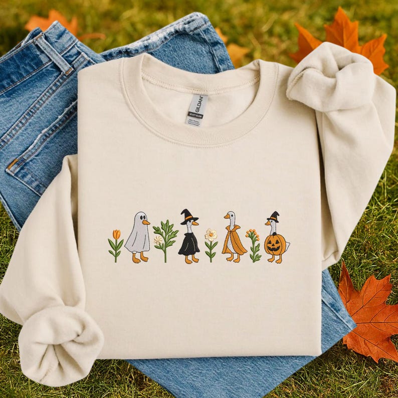 Embroidered Halloween Goose Sweatshirt Cute Fall Gildan Crewneck Pumpkin Witch Ghost Goose Shirt Fall Animal Pullover EMBROIDERED IN USA