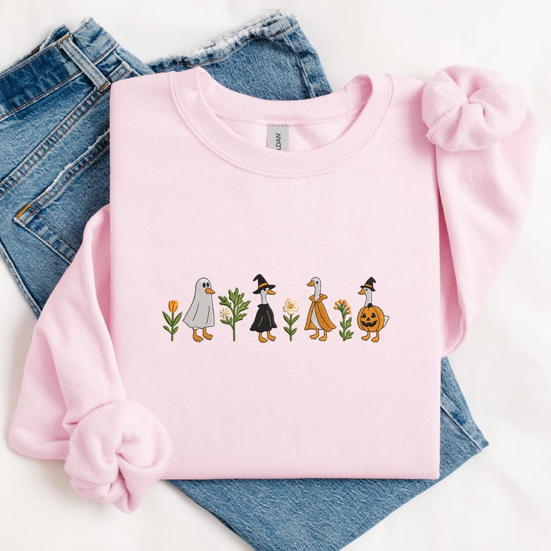 Embroidered Halloween Goose Sweatshirt Cute Fall Gildan Crewneck Pumpkin Witch Ghost Goose Shirt Fall Animal Pullover EMBROIDERED IN USA