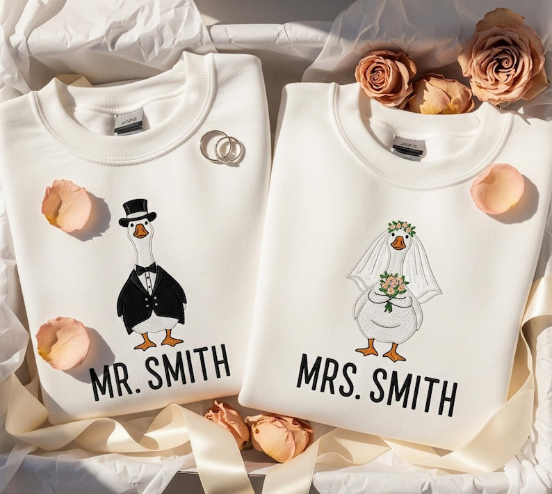 Embroidered Bride Duck and Groom Duck Sweatshirt Cute Wedding Gift Honeymoon Matching Outfit