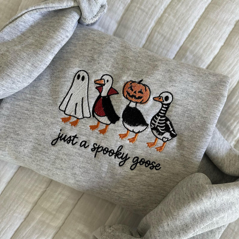 Spooky Goose Embroidered Sweatshirt Halloween Spooky Season Embroidery Geese Fall Autumn