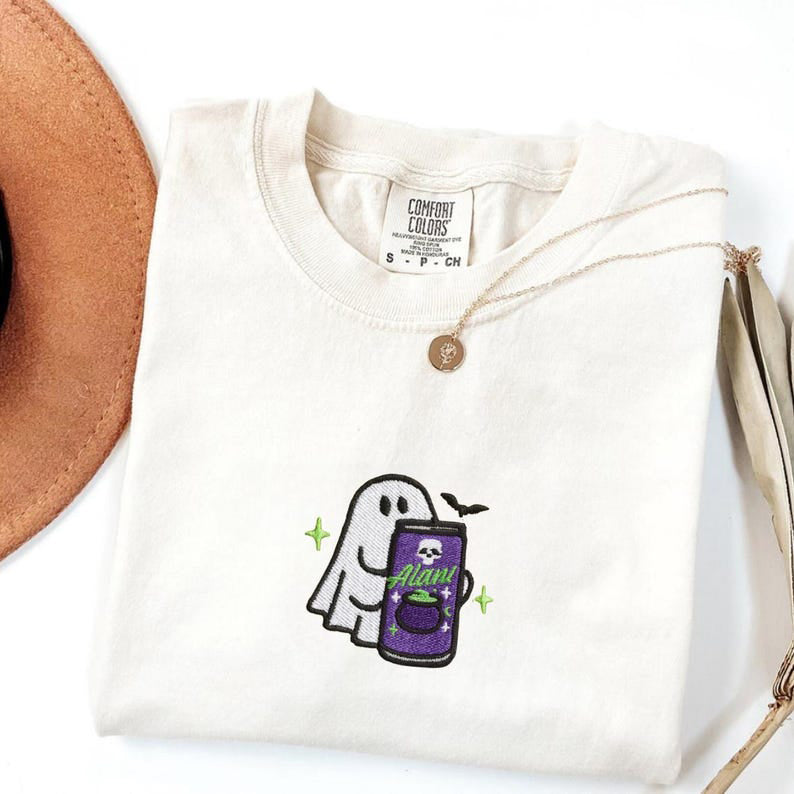 Embroidered Spooky Ghost Halloween Comfort Colors Shirt, Ghost With Energy Drink Fall Tee, Spooky Season Sweatshirt