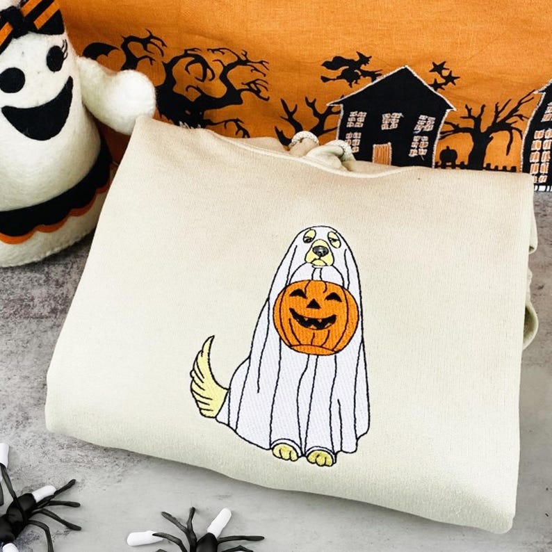 Custom Dog Embroidered Sweatshirt Halloween Ghost Dog Hoodie Halloween Embroidered Sweatshirt Dogs Embroidered Hoodie Pet Ghost Hoodie