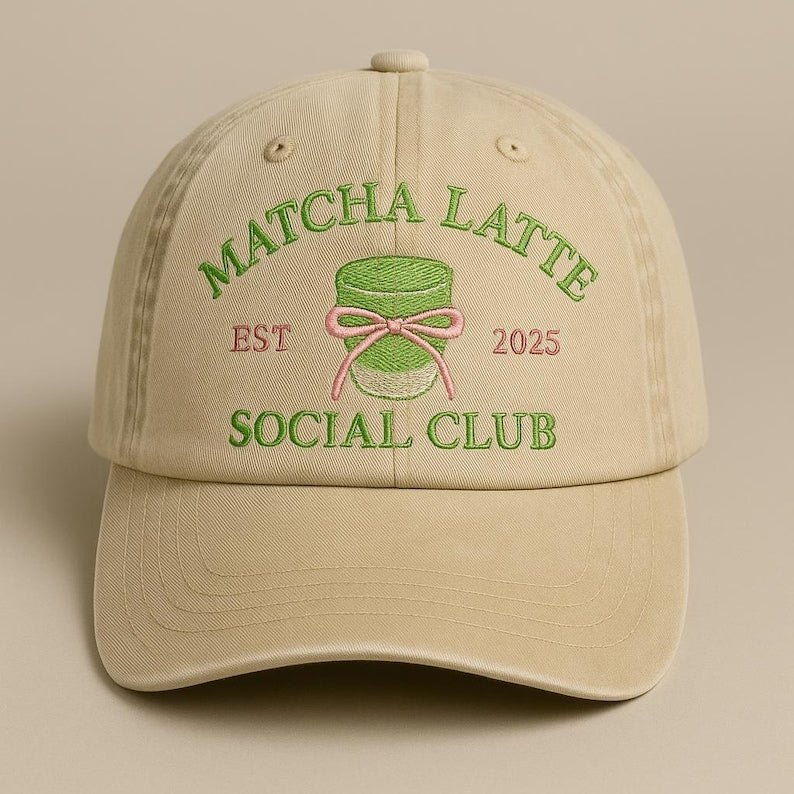 Matcha Latte Social Club Embroidered Baseball Cap Adjustable Dad Hat with Green and Pink Stitching, Cute Coffee Lover Gift, Est. 2025 Design