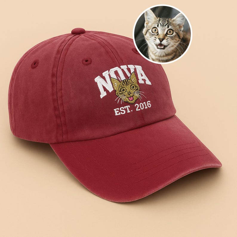 Custom Cat Photo Embroidered Hat, Personalized Hat with Pet Photo & Name, Dog Portrait Sketch Hat, Cat Portrait from Photo, Gift for Dog Mom