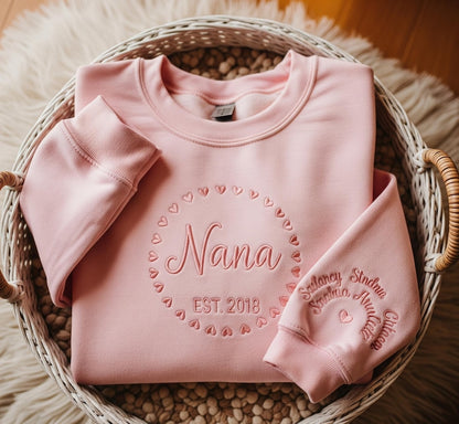 Personalized Nana Sweatshirt Custom Grandma Est. Year Crewneck with Embroidered Names and Hearts, Cozy Gift for Mothers, Grandmothers, Family Celebrations, Birthdays, and Special Occasions