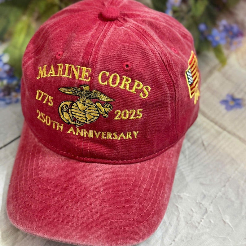 Marine Corps 250th Anniversary Denim Hat: Embroidered Military Cap il_794xN.7131702898_8hle.jpg?v=1759112610