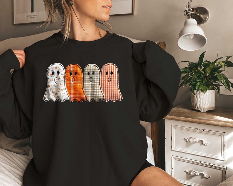 Faux Embroidery Ghost Sweatshirt, Patchwork Ghost Halloween Shirt, Fall Ghost Quilt Tee,Spooky Season Shirt, Cute Halloween TShirt Cozy Tee