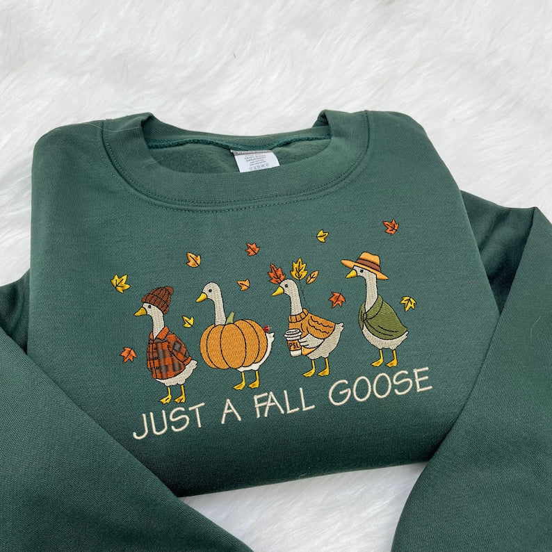 Just A Fall Gooses Embroidered Sweatshirt, Cute Fall Pumpkin Goose Crewneck Sweater, Autumn Animal Embroidered Shirt, Cozy Autumn Sweater