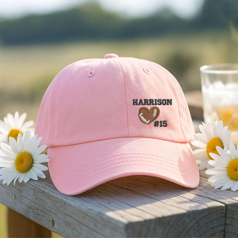 Personalized Football Hat with Name & Number, Embroidered Distressed Baseball Cap, Custom School Team Hat, Cute Heart Football Fans Hat