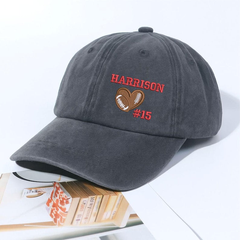 Personalized Football Hat with Name & Number, Embroidered Distressed Baseball Cap, Custom School Team Hat, Cute Heart Football Fans Hat