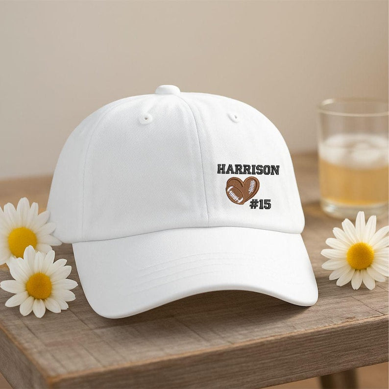 Personalized Football Hat with Name & Number, Embroidered Distressed Baseball Cap, Custom School Team Hat, Cute Heart Football Fans Hat
