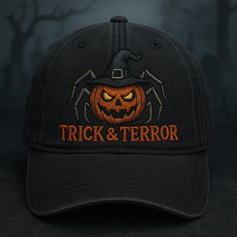 Halloween Pumpkin Spider Embroidered Baseball Cap Trick & Terror Witch Hat Jack-O -Lantern Hat, Spooky Scary Adjustable Dad Hat, Gothic Horror Aesthetic Hat for Halloween Costume
