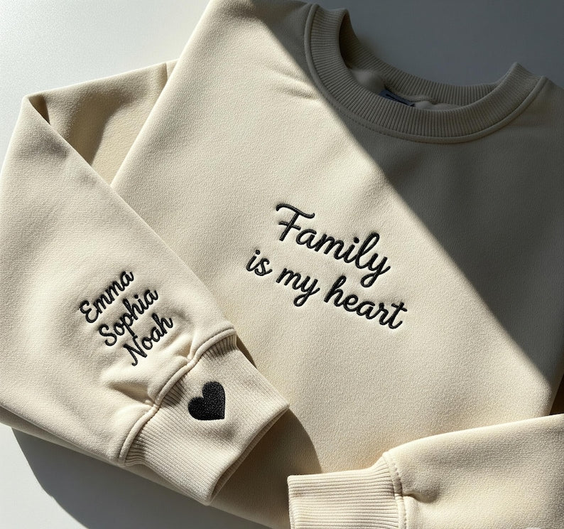 Family Is My Heart Sweatshirt, Personalized Embroidered Sweater with Kids Names, Custom Sleeve Crewneck, Cozy Gift