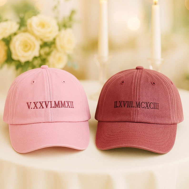 Custom Roman Numeral Embroidered Hat, Couples Matching Hat, Personalized Wedding Date Hat, Anniversary Gift for Him Her, Couple Hat