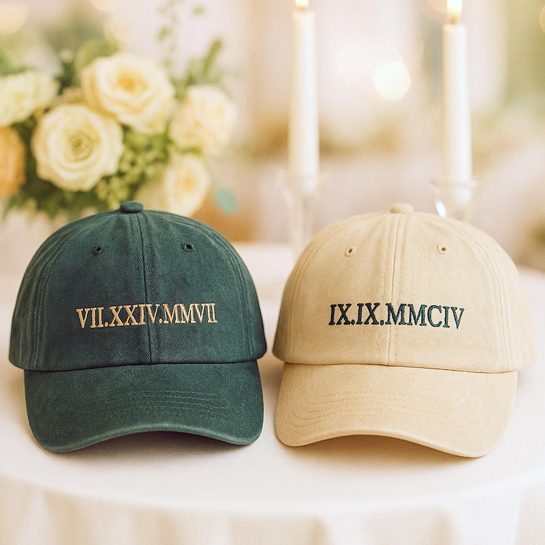 Custom Roman Numeral Embroidered Hat, Couples Matching Hat, Personalized Wedding Date Hat, Anniversary Gift for Him Her, Couple Hat
