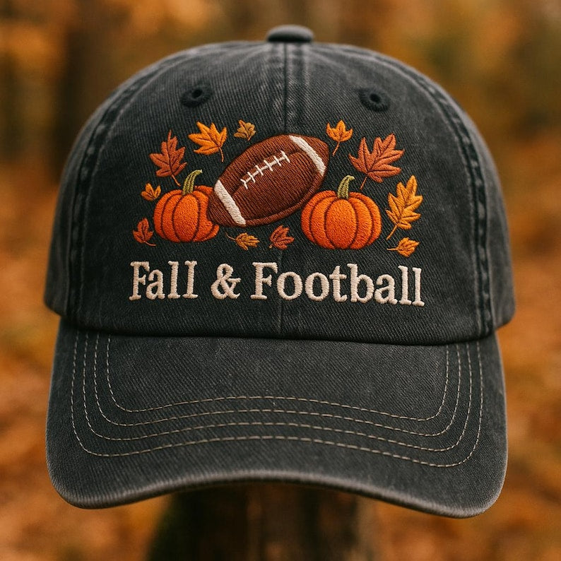 Fall & Football Baseball Cap Embroidered Pumpkin Autumn Leaves Hat, Adjustable Dad Hat for Sports Fans, Game Day Tailgating, Thanksgiving Outfit Gift