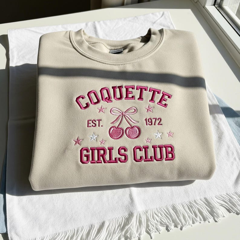 Coquette Girls Club Retro Sweatshirt Vintage Inspired Cozy Crewneck with Cherries and Stars, Cute Aesthetic Top for Women and Girls