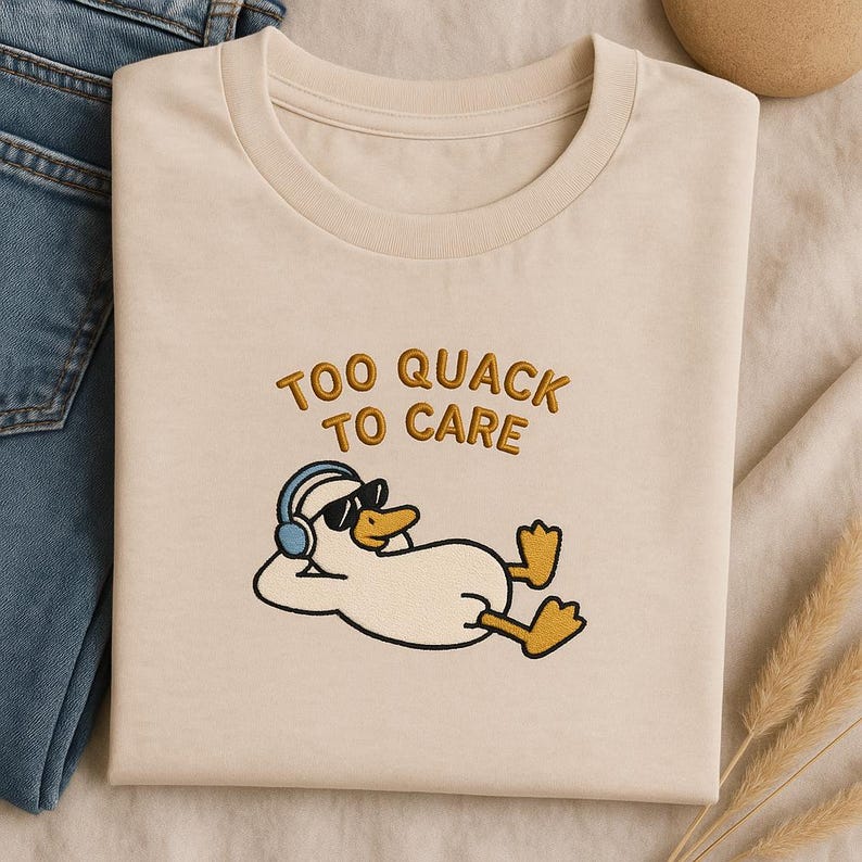 Too Quack To Care Duck Sweatshirt Funny Chill Duck Embroidered Sweater, Cute Relaxed Duckling with Headphones, Casual Summer Sweatshirt, Gift for Animal Lovers and Humor Fans