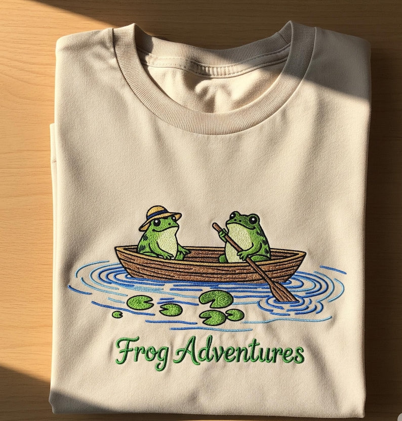 Frog Adventures Sweatshirt Cute Embroidered Frogs in Boat Design, Cozy Cottagecore Crewneck, Nature Lovers Animal Sweater, Whimsical Amphibian Adventure Aesthetic Pullover