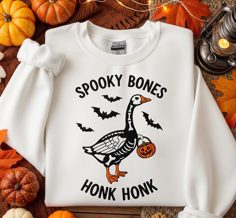 Spooky Bones Goose Sweatshirt Funny Honk Honk Halloween Crewneck with Skeleton Goose, Pumpkin and Bats, Cozy Fall Pullover, Cute Spooky Season Gift Sweater