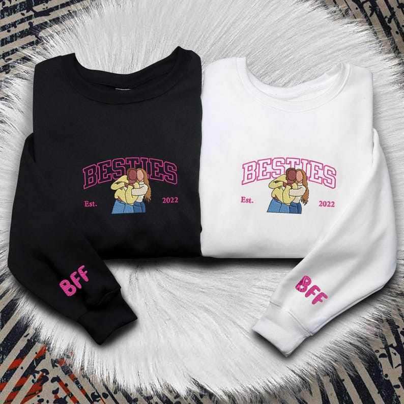 Custom Best Friend Hoodie, Personalized Embroidered Portrait from Photo, Matching Bestie Sweatshirt, Friendship Birthday Gifts, BFF Gifts