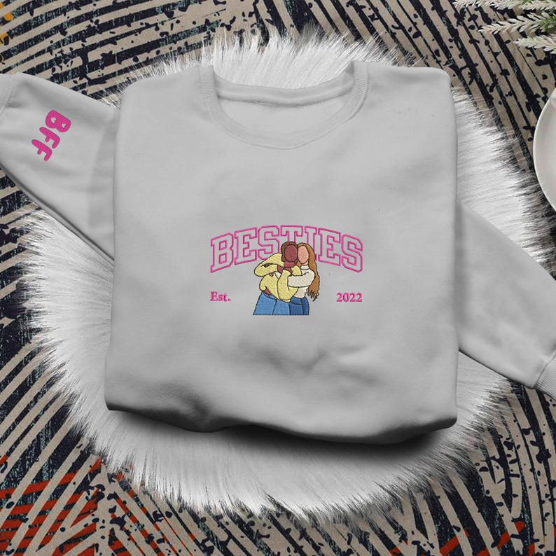 Custom Best Friend Hoodie, Personalized Embroidered Portrait from Photo, Matching Bestie Sweatshirt, Friendship Birthday Gifts, BFF Gifts
